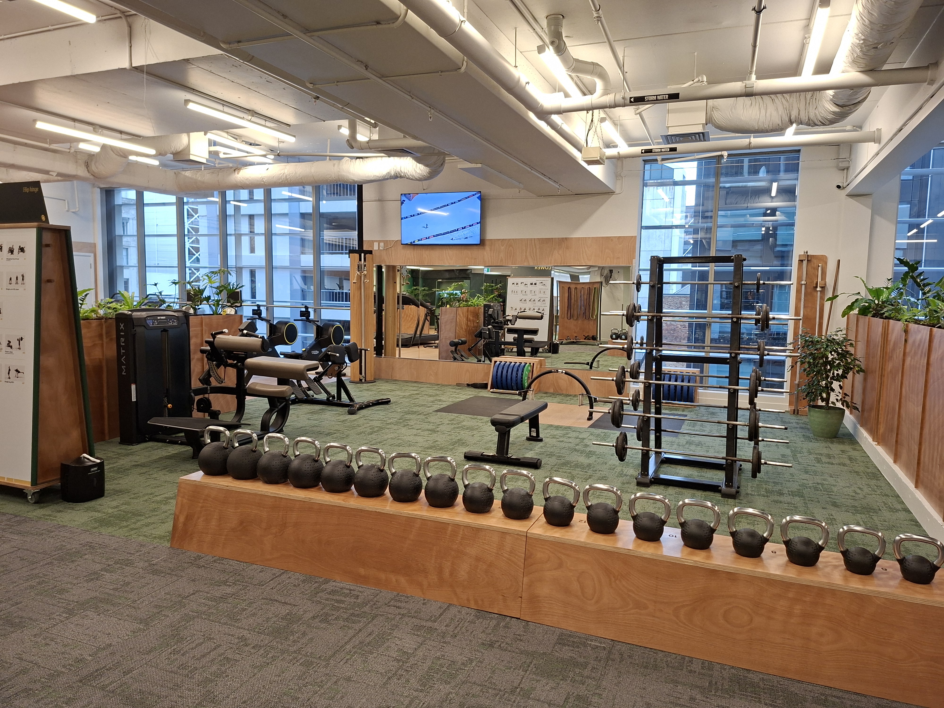 Hip hinge zone — full range of kettlebells on timber bench, barbell rack and back extension