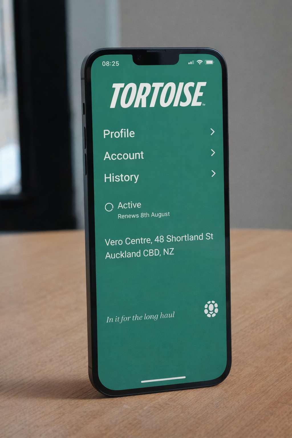 Tortoise app showing active membership status, renewal date, and gym location